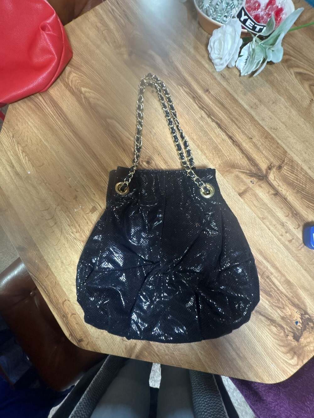 Rampage Black Patent Cannage Shoulder Bag with Gold Chain Strap